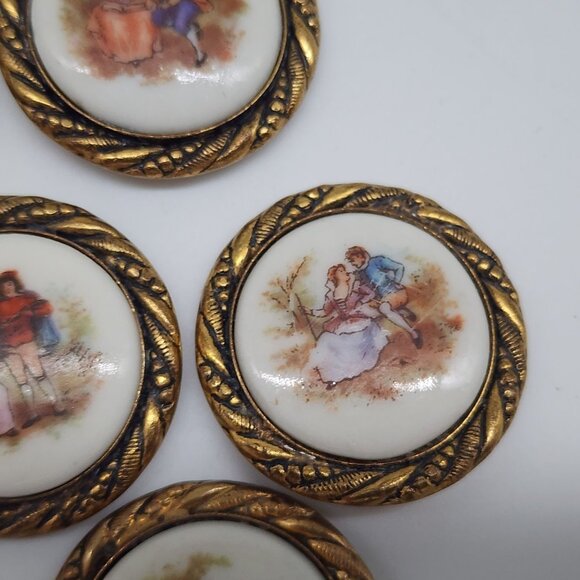 Vintage Porcelain Pendant on Brass Frame Embellishments Courting Couple Set of 8 - Picture 3 of 9